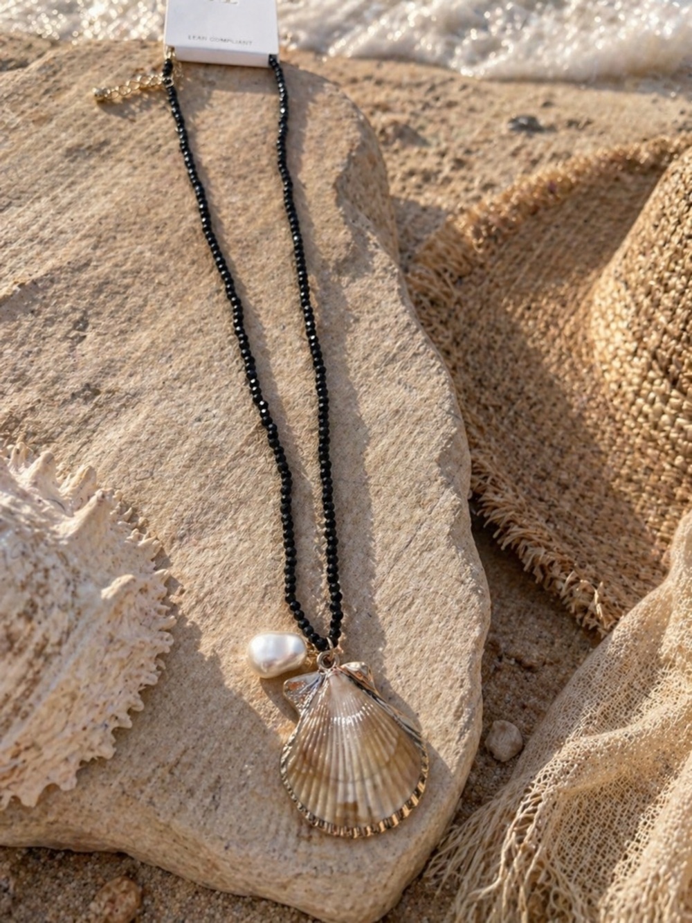Delicate Black Bead Necklace with Gold color Shell and Pearl Pendant